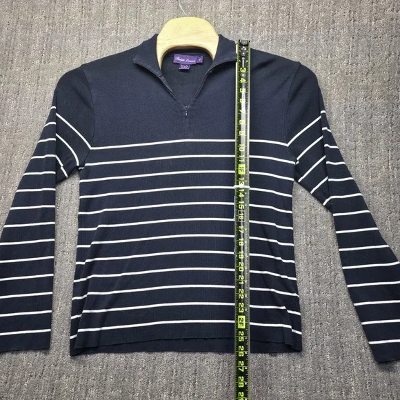 Ralph Lauren Purple Label Sweater Mens Large Navy Striped 1/4 Zip Italy Cotton